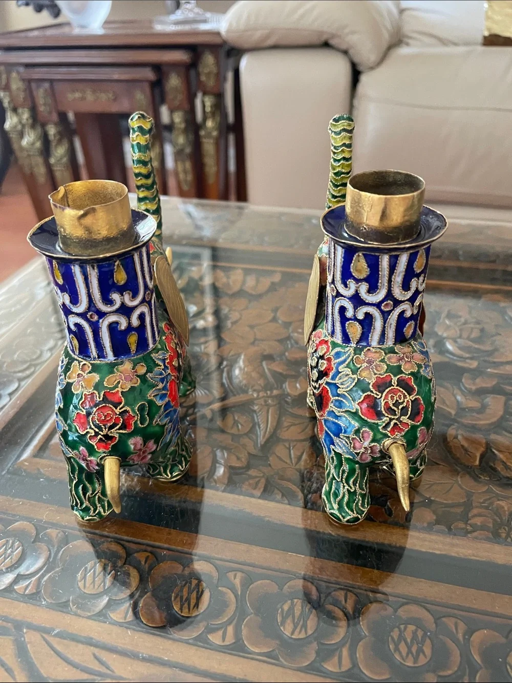 Vintage Pair of Chinese Cloisonne Elephant Candle Stick Holders